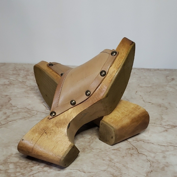 BONGO Retro Beige Leather Wood Platsform Women’s Mules Size 8 - Picture 7 of 7